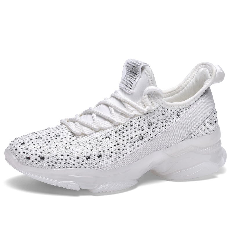 BELOS Women's Fashion Rhinestone Mesh Knit Slip On Sneaker Breathable Glitter Walking Shoes(White,7) - Image 1
