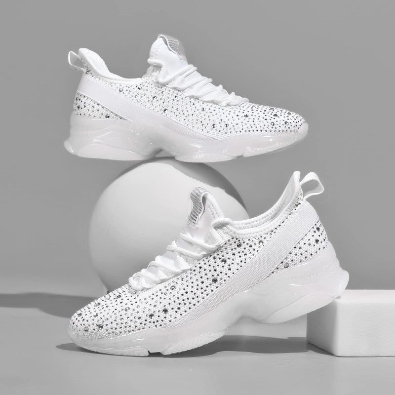 BELOS Women's Fashion Rhinestone Mesh Knit Slip On Sneaker Breathable Glitter Walking Shoes(White,7) - Image 3