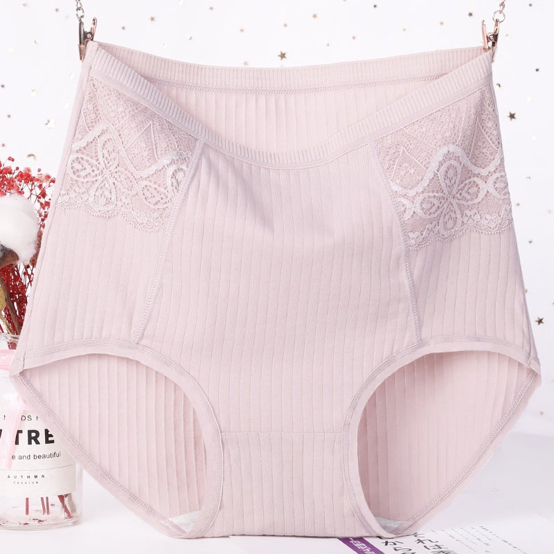 Middle-aged Mothers High-waist Mini-tummy Panties Womens Cotton Sweat-absorbent Plus Large Size Lace-trimmed Briefs Bean powder