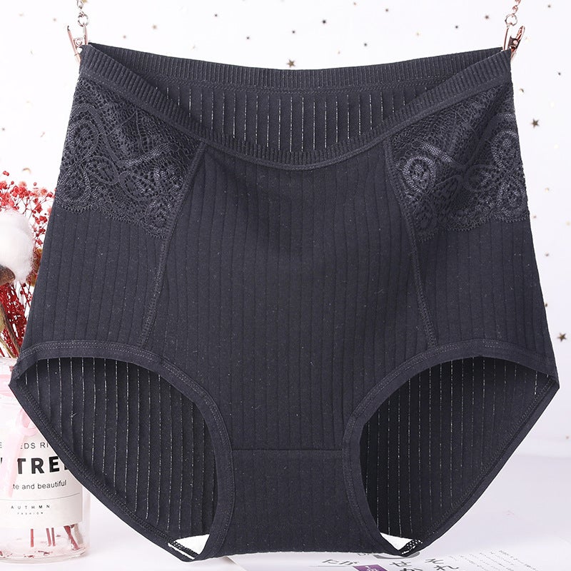 Middle-aged Mothers High-waist Mini-tummy Panties Womens Cotton Sweat-absorbent Plus Large Size Lace-trimmed Briefs Bean powder