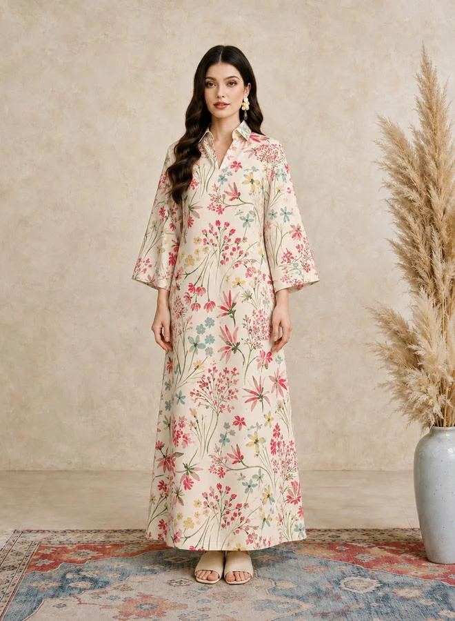 Take Two Peach Floral Print Open Collar Jalabiya