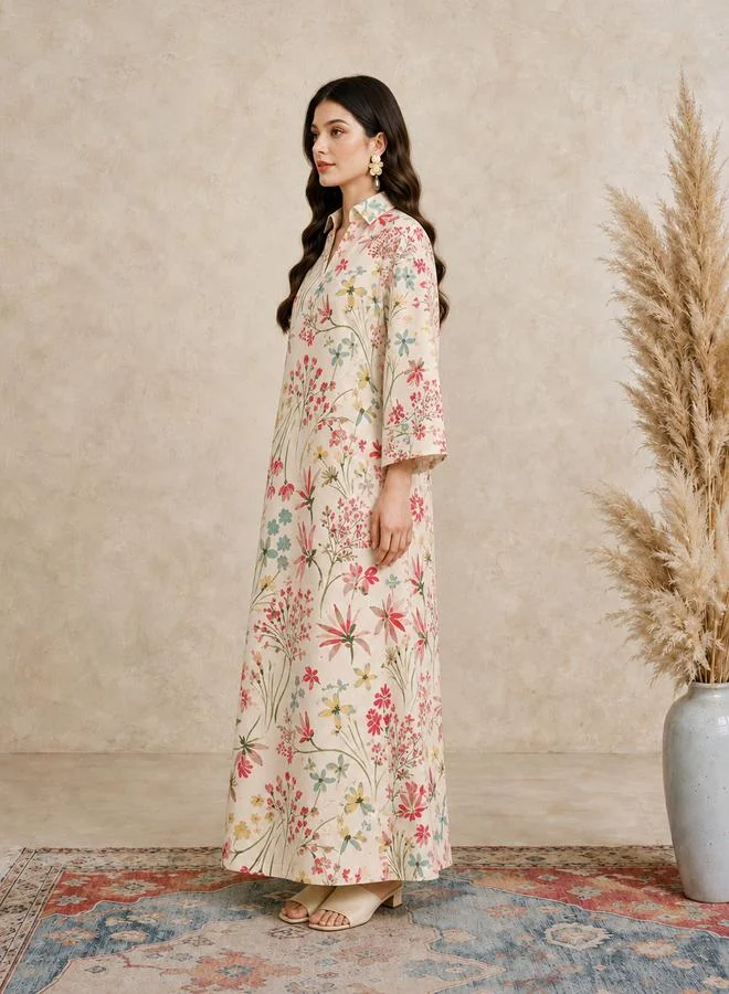 Take Two Peach Floral Print Open Collar Jalabiya