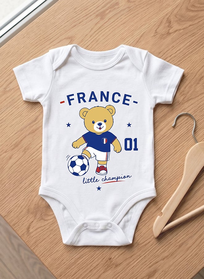 Nurtur FIFA France Football Printed Unisex Baby Onesie, Little Champion Teddy Graphic, Soft Cotton Infant Bodysuit - White - Image 1
