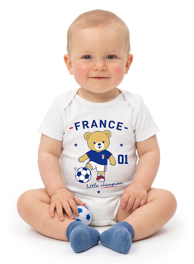 Nurtur FIFA France Football Printed Unisex Baby Onesie, Little Champion Teddy Graphic, Soft Cotton Infant Bodysuit - White - Image 3