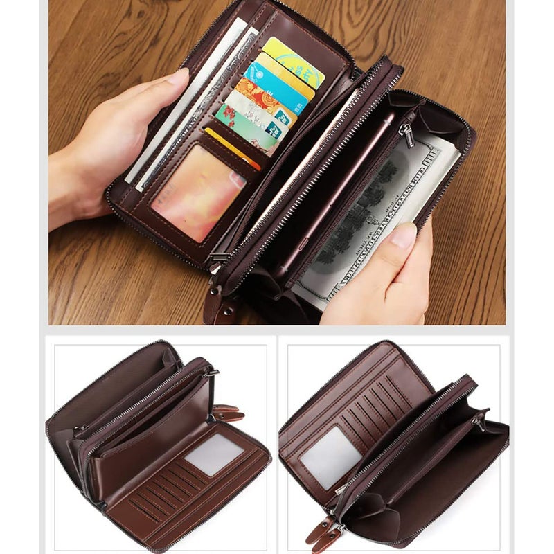 Valentoria Large Wallet Clutch Long Leather Cellphone Purse Business Hand Cluth Bag Cell Phone Holster Creit Card Holder Card Lots Case Travel Wallet Gift for Men Women Father Husband Boyfriend (Double-Brown) - Image 4