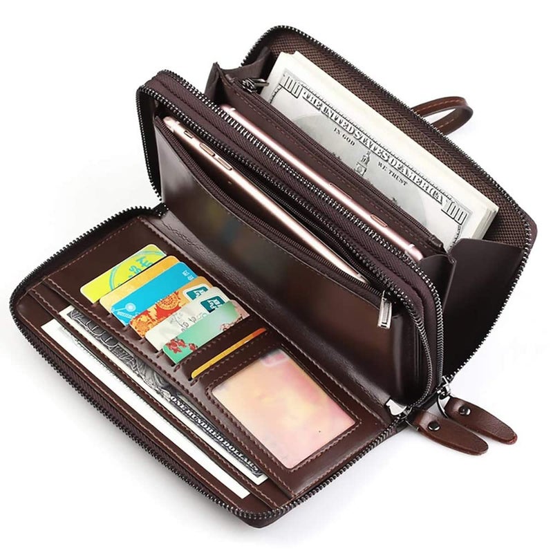 Valentoria Large Wallet Clutch Long Leather Cellphone Purse Business Hand Cluth Bag Cell Phone Holster Creit Card Holder Card Lots Case Travel Wallet Gift for Men Women Father Husband Boyfriend (Double-Brown) - Image 3