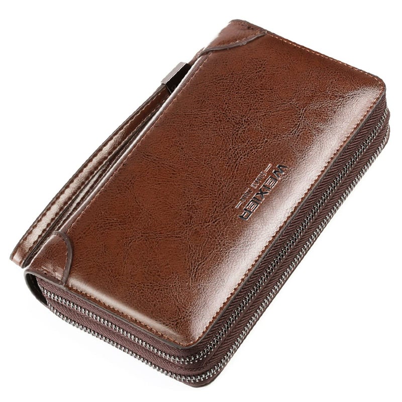 Valentoria Large Wallet Clutch Long Leather Cellphone Purse Business Hand Cluth Bag Cell Phone Holster Creit Card Holder Card Lots Case Travel Wallet Gift for Men Women Father Husband Boyfriend (Double-Brown) - Image 1