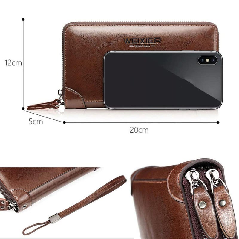 Valentoria Large Wallet Clutch Long Leather Cellphone Purse Business Hand Cluth Bag Cell Phone Holster Creit Card Holder Card Lots Case Travel Wallet Gift for Men Women Father Husband Boyfriend (Double-Brown) - Image 5