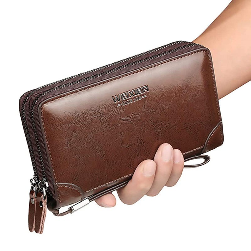 Valentoria Large Wallet Clutch Long Leather Cellphone Purse Business Hand Cluth Bag Cell Phone Holster Creit Card Holder Card Lots Case Travel Wallet Gift for Men Women Father Husband Boyfriend (Double-Brown) - Image 2