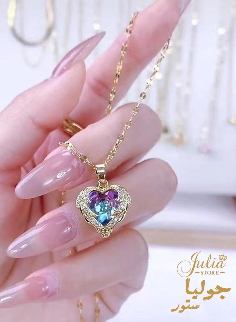 Julia Store 18K Gold Plated Stainless Steel Funky Crystal Heart Wing Love Heart Rhinestone Pendant Necklace Chain Boho Statement Sparkly Necklace Jewelry - Image 1