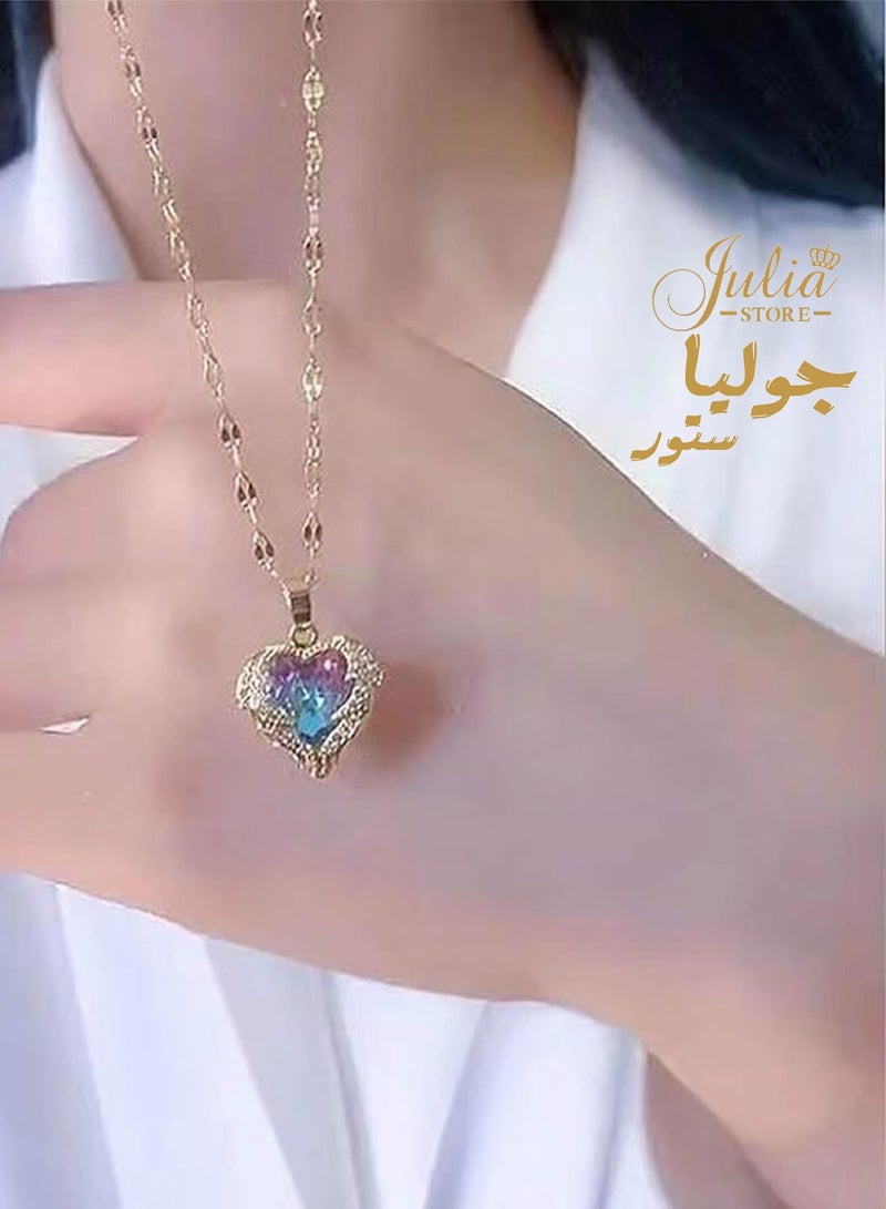 Julia Store 18K Gold Plated Stainless Steel Funky Crystal Heart Wing Love Heart Rhinestone Pendant Necklace Chain Boho Statement Sparkly Necklace Jewelry - Image 2