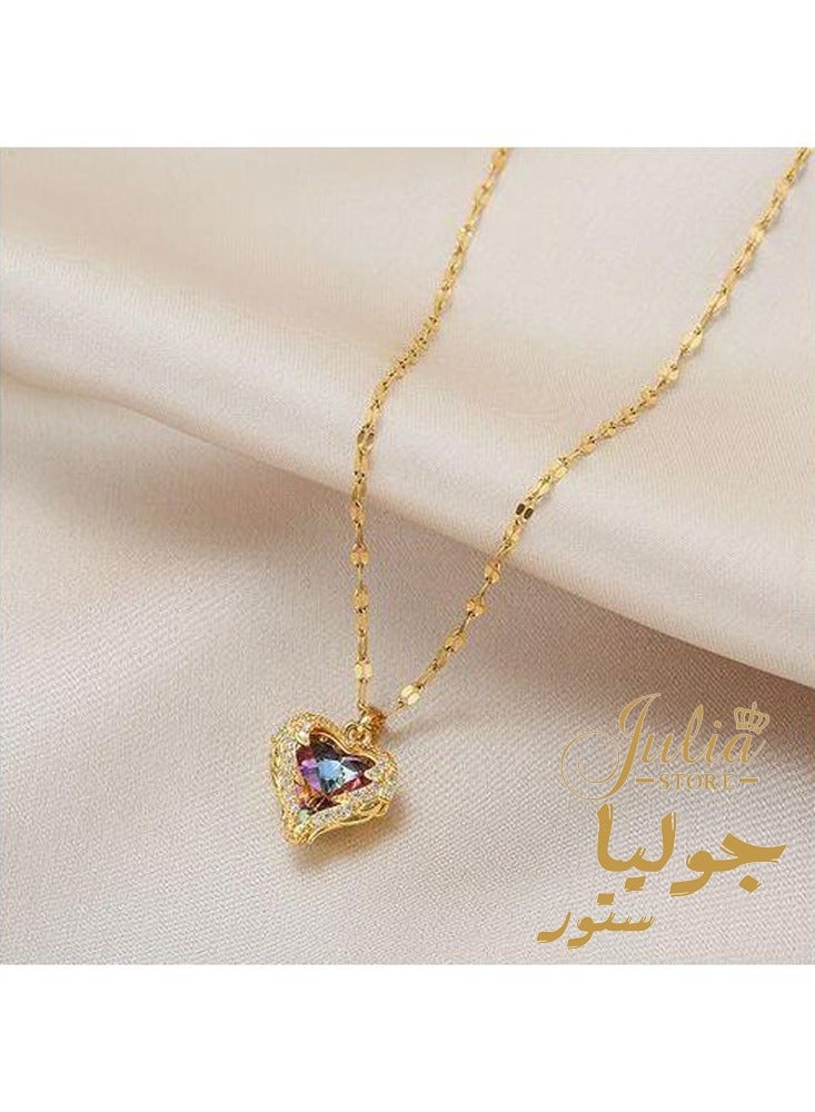 Julia Store 18K Gold Plated Stainless Steel Funky Crystal Heart Wing Love Heart Rhinestone Pendant Necklace Chain Boho Statement Sparkly Necklace Jewelry - Image 3