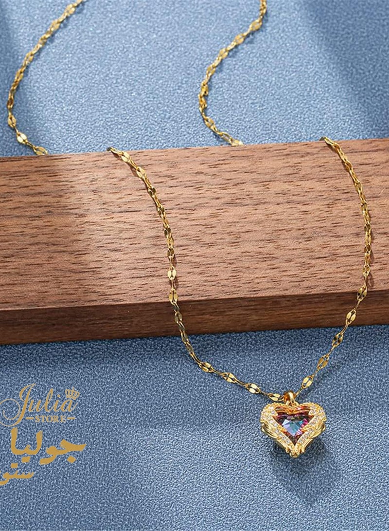 Julia Store 18K Gold Plated Stainless Steel Funky Crystal Heart Wing Love Heart Rhinestone Pendant Necklace Chain Boho Statement Sparkly Necklace Jewelry - Image 4