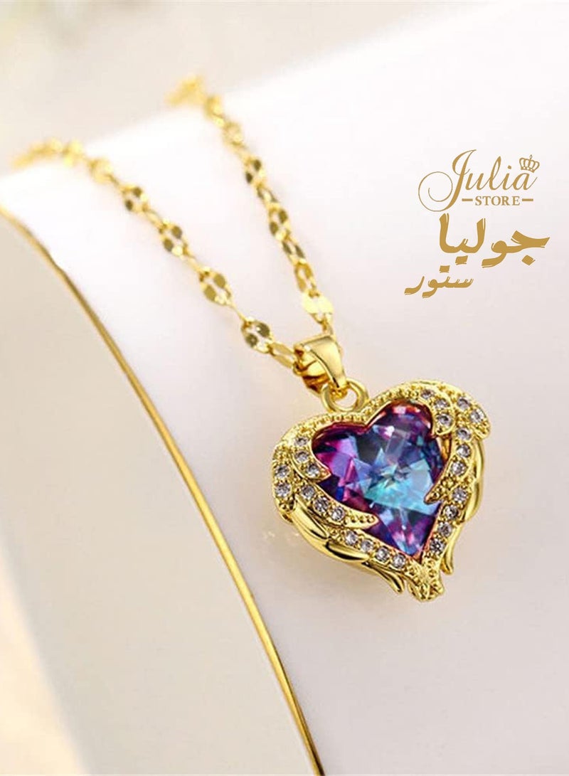 Julia Store 18K Gold Plated Stainless Steel Funky Crystal Heart Wing Love Heart Rhinestone Pendant Necklace Chain Boho Statement Sparkly Necklace Jewelry - Image 5