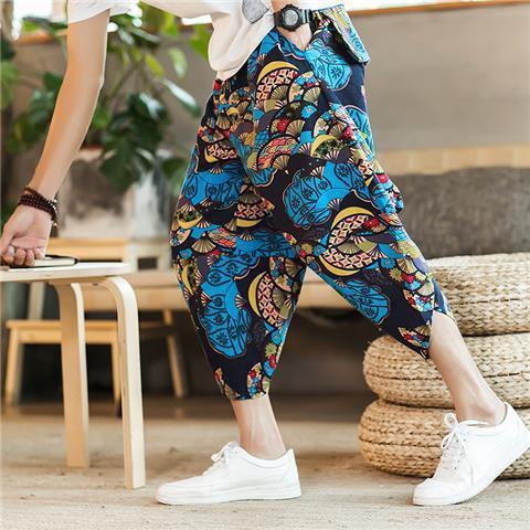 Generic Linen Beach Pants Mens Capri Pants Thin Summer Loose Wide Leg Pants Chinese Style Pants Mens Casual Shorts Trendy Lotus [k29]]  - Image 2