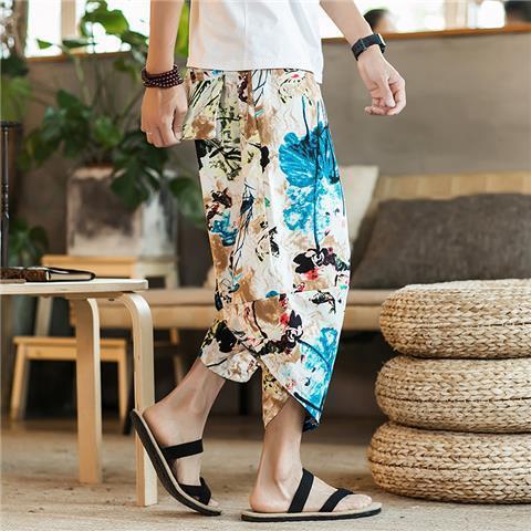 Generic Linen Beach Pants Mens Capri Pants Thin Summer Loose Wide Leg Pants Chinese Style Pants Mens Casual Shorts Trendy Lotus [k29]]  - Image 3