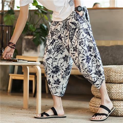 Generic Linen Beach Pants Mens Capri Pants Thin Summer Loose Wide Leg Pants Chinese Style Pants Mens Casual Shorts Trendy Lotus [k29]]  - Image 4