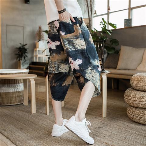 Generic Linen Beach Pants Mens Capri Pants Thin Summer Loose Wide Leg Pants Chinese Style Pants Mens Casual Shorts Trendy Lotus [k29]]  - Image 1