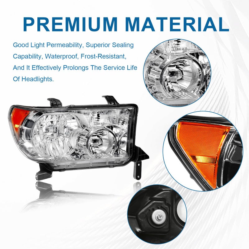 Fullux Headlights Assembly for 2007-2013 Toyota Tundra Compatible with 2008-2017 Toyota Sequoia 2PC Headlamps Chrome Housing Amber Reflector - Image 2