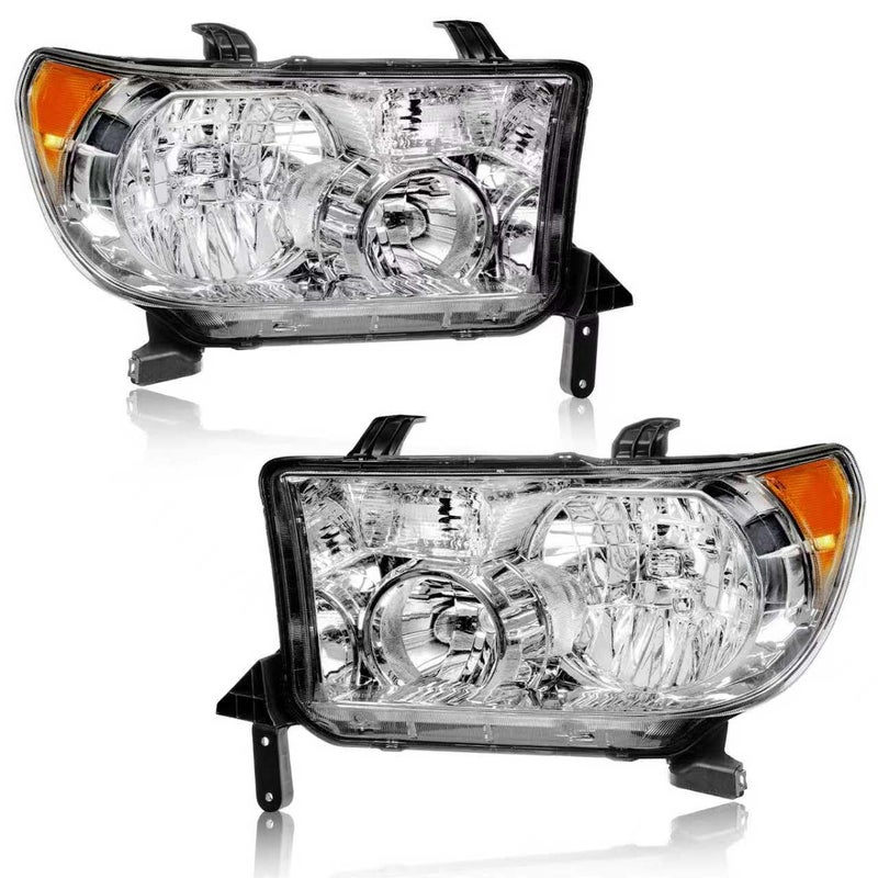 Fullux Headlights Assembly for 2007-2013 Toyota Tundra Compatible with 2008-2017 Toyota Sequoia 2PC Headlamps Chrome Housing Amber Reflector - Image 1
