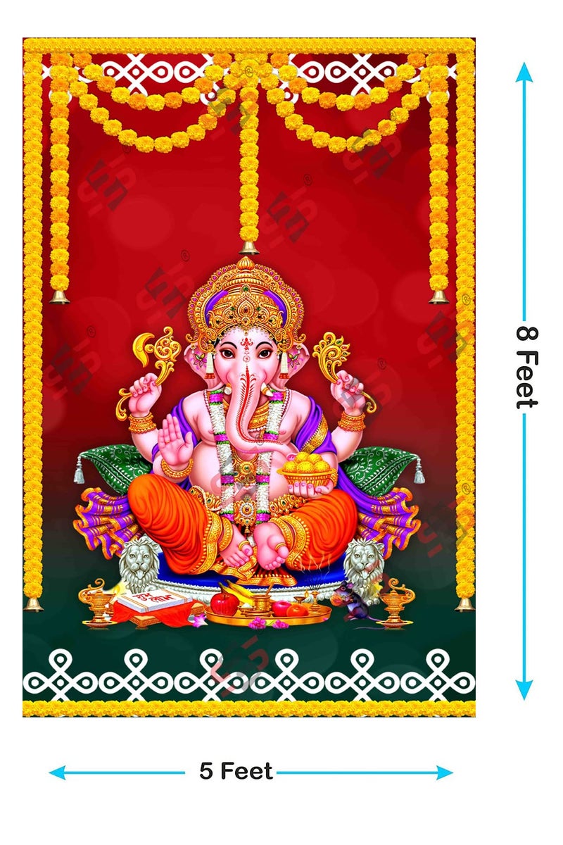S2S Ganpathi Backdrop Cloth for Pooja Decoration Traditional, Background Decoration Cloth for Pooja Background Curtain Cloth for Festival Fabric - Ganpathi (Pack of 1) - Image 2