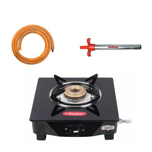 Khaitan Combo - 1 unit 1 Burner Gio Tougned Glass Gas Stove + 1 unit HF Kitchen Lighter + 1 unit HF LPG Hose Pipe (1.5 mtr) (1B Gio & Hose Pipe, Lighter Combo) - Image 1