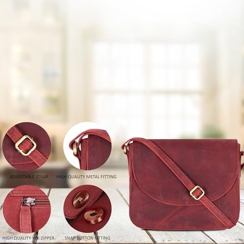 Ozora Vintage Genuine Leather Shoulder Crossbody Purse For Women with Adjustable Strap, Mobile Pocket & Inside Zipper (Red Hunter) - Image 5
