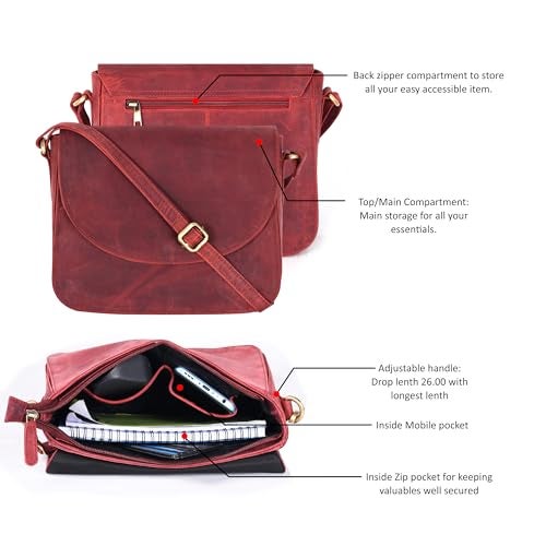 Ozora Vintage Genuine Leather Shoulder Crossbody Purse For Women with Adjustable Strap, Mobile Pocket & Inside Zipper (Red Hunter) - Image 4