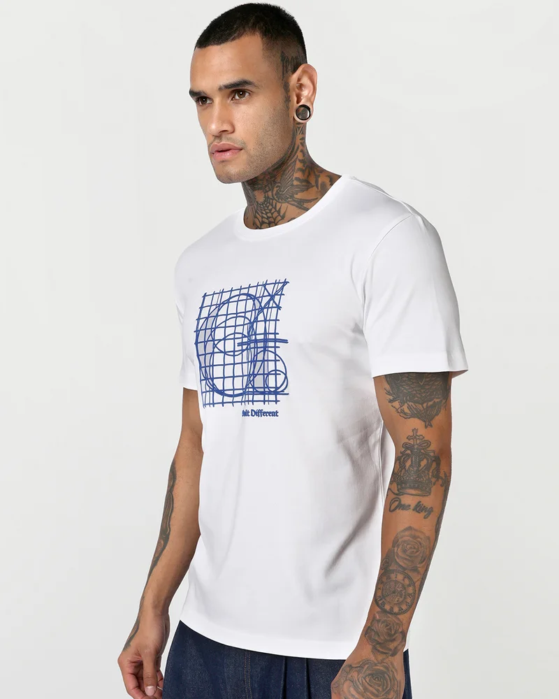 بيواكوف Men's White Motion Graphic Printed T-shirt