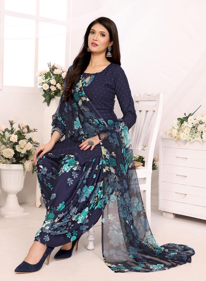 Yashika Women's Printed Dress Material - Unstitched Crepe Fabric Kurti, Pants & Dupatta Set (AZ-YS-P4-BLUE FLOWER) - Image 3