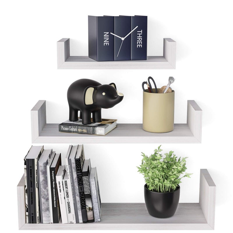 SRIWATANA Floating Shelves Solid Wood and UShaped Modern Wall Shelves Set of 3 Wall Mounted Display Shelf for Bedroom Living Room Kitchen and Office White
