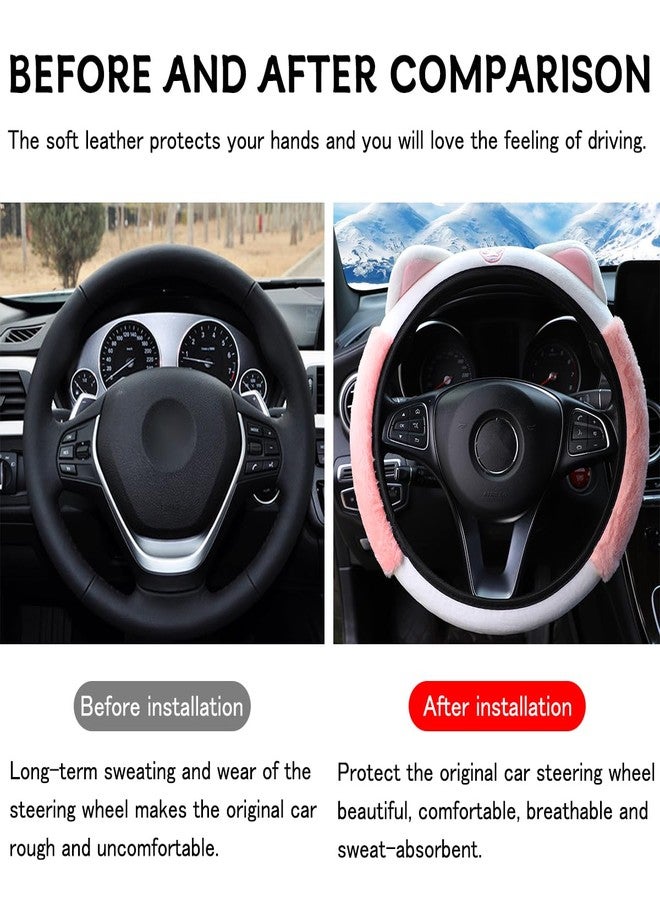 Bittwee Car Steering Wheel Cover, Fluffy Soft Plush for Winter Warm, Cute Steering Wheel Protector with Kitty Cat Ears, Universal 15 Inch, Elastic & Anti-Slip, Lovely Decor Car Accessories (Pink) - Image 2