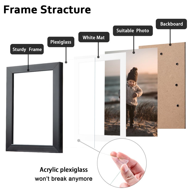 KINLINK 5x7 Picture Frame Black Set of 4, Wooden Photo Frames Matted 4x6 with Plexiglass for 4x6 with Mat or 5x7 without Mat for Table and Wall Display - Image 2