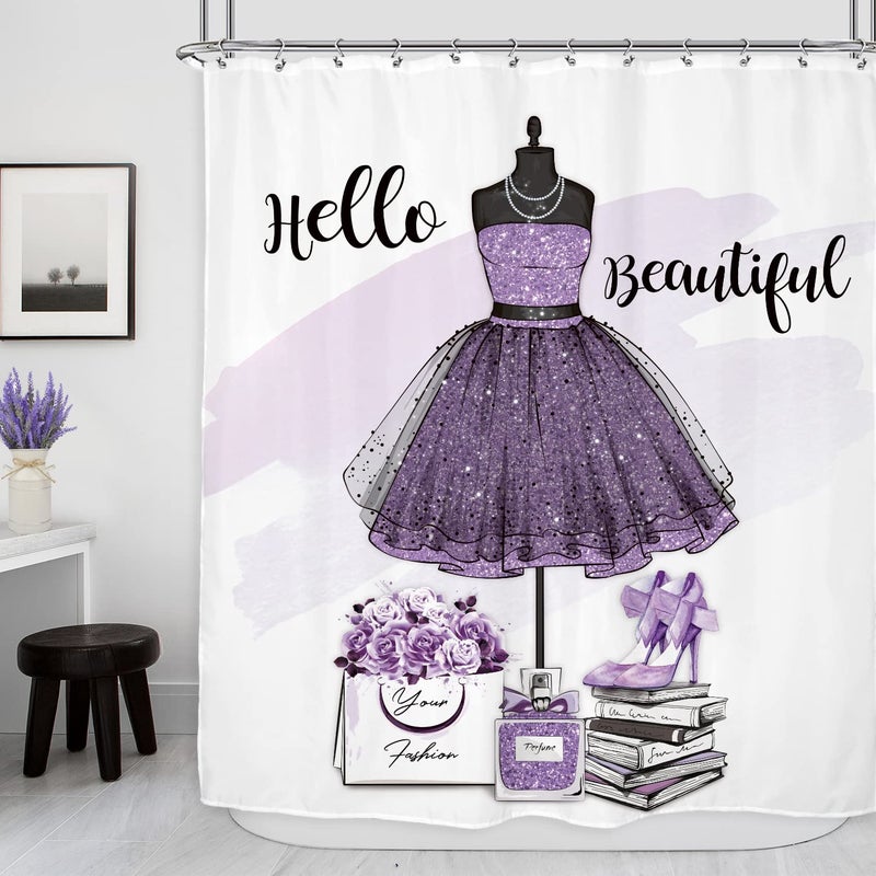 Riyidecor Riyidecor Fashion Women Dresses Shower Curtain 60Wx72H Inch Girly Purple Modern for Girls High Heel Perfume Bottle Floral Handbag Books Beautiful Bathroom Decor Fabric Waterproof 12 Pack Hooks 
