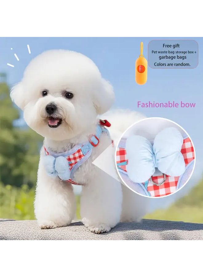 Blue Medium Dog Harness Leash And Bow Set Breathable Mesh For Small Dogs Cats - Image 1