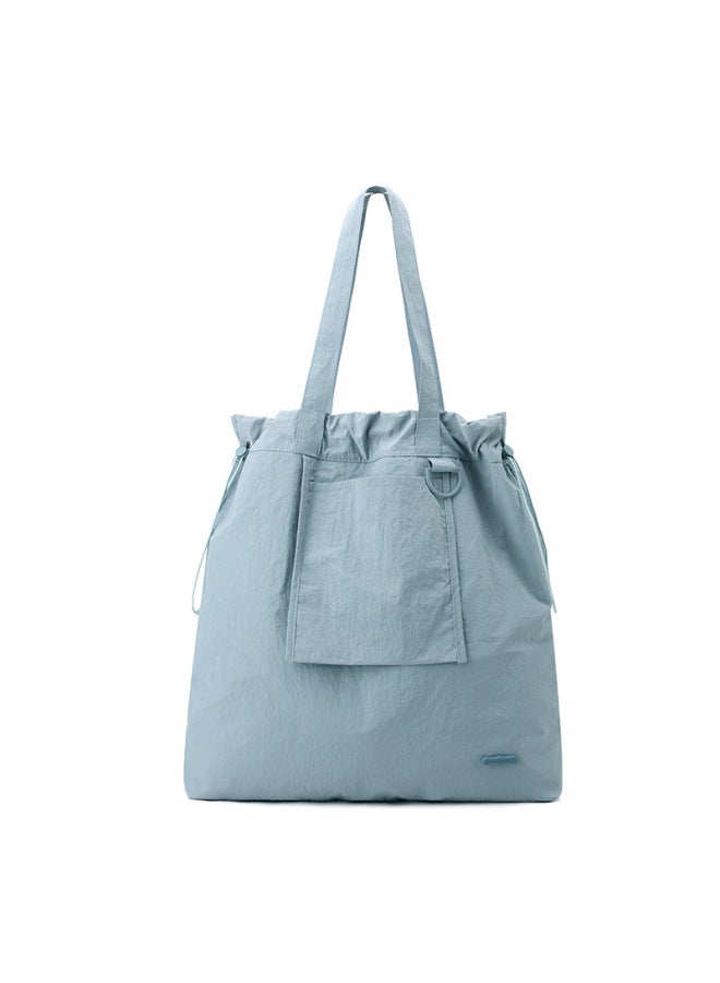 Lazy Style Foldable Tote Bag Women's Commuter Water-repellent Solid Color Drawstring Large Bag OxFord Cloth Travel Shoulder Bag-Colour:Haze Blue  - Image 1