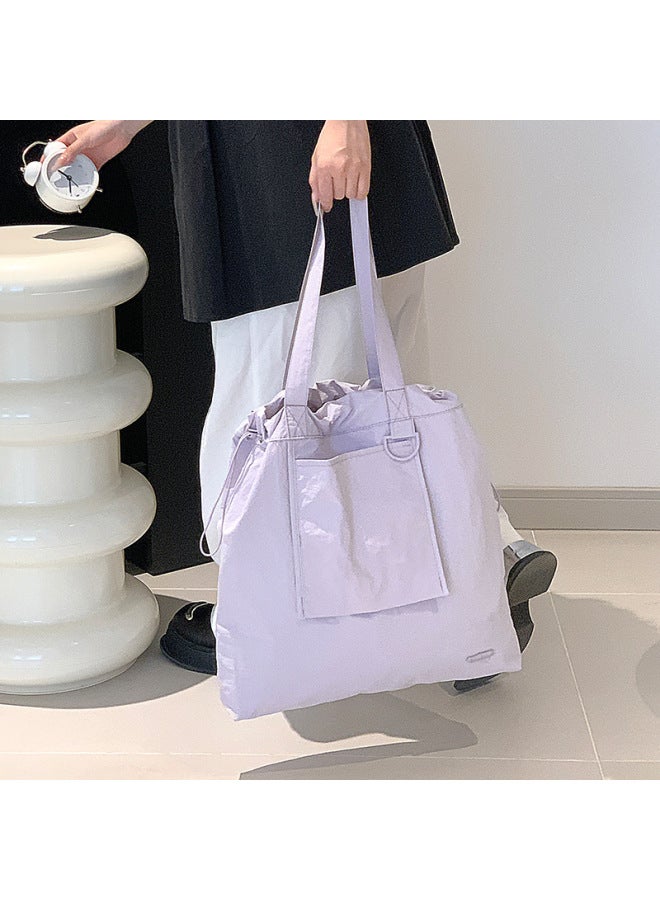 Lazy Style Foldable Tote Bag Women's Commuter Water-repellent Solid Color Drawstring Large Bag OxFord Cloth Travel Shoulder Bag-Colour:Haze Blue  - Image 3