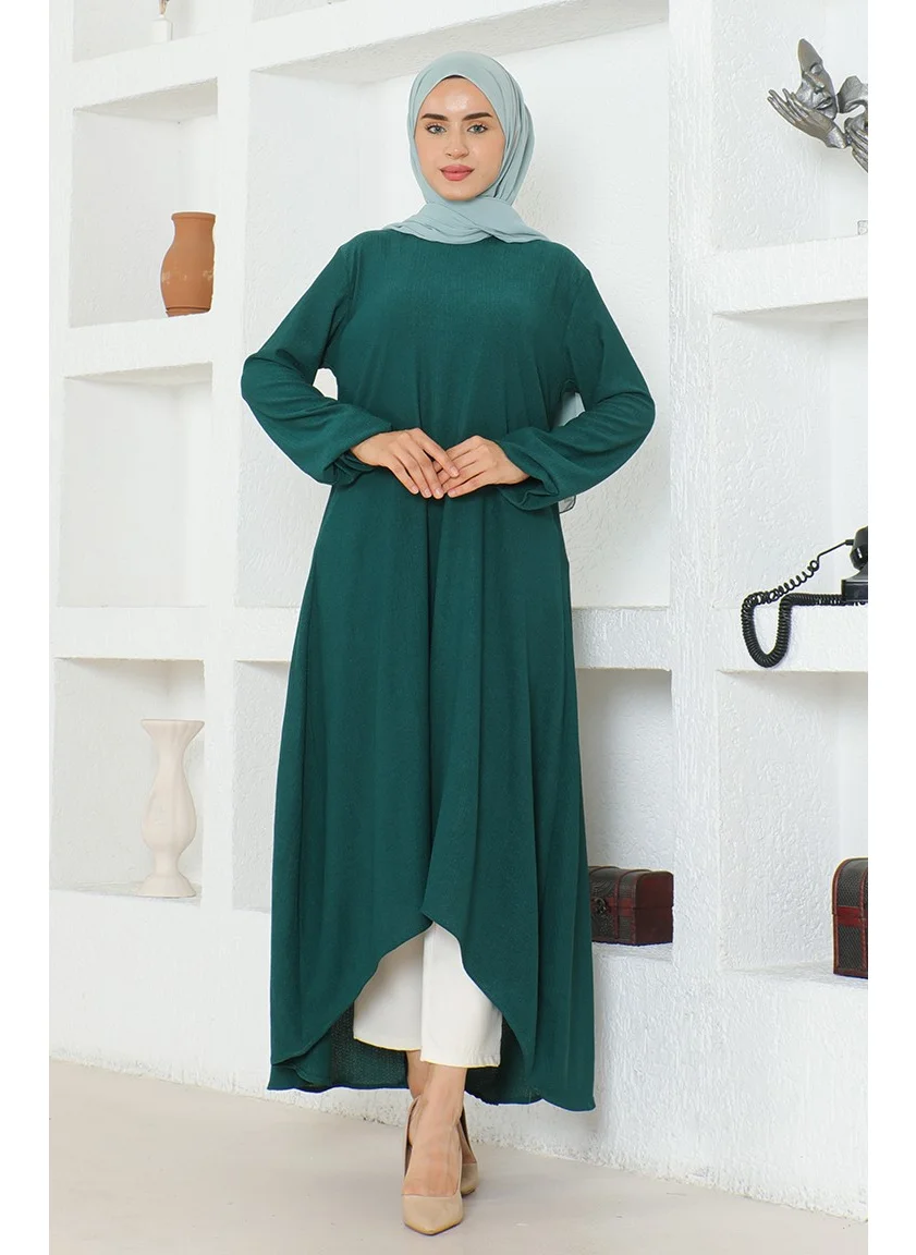 Sefa Merve Bürümcük Fabric Asymmetric Cut Long Tunic 1034-01 Emerald Green