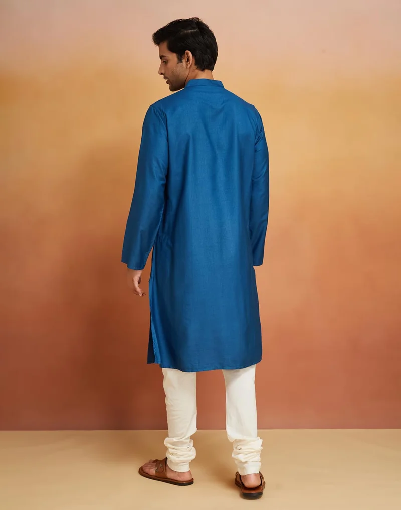 Fabindia Blue Viscose Silk Comfort Fit Long Kurta