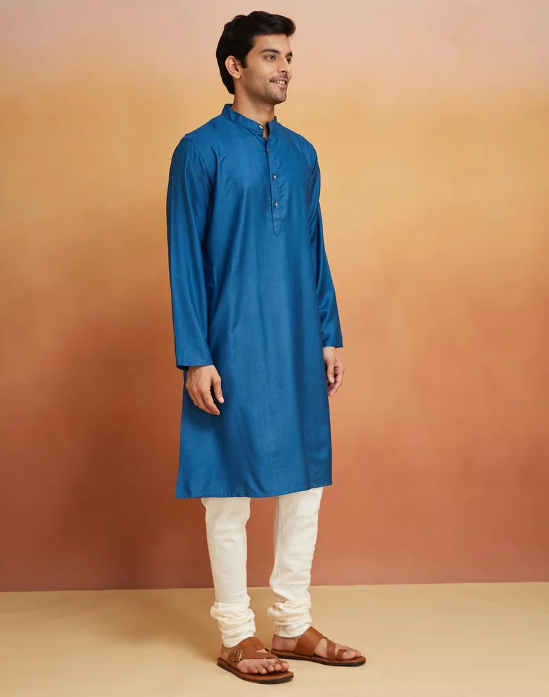 Fabindia Blue Viscose Silk Comfort Fit Long Kurta