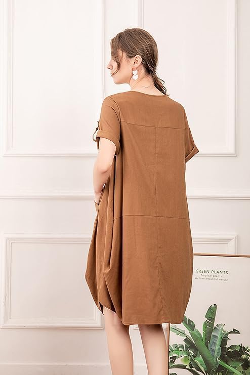 Minibee Women's Ruffle Oversize Casual Midi Dresses with Pockets Brown 2XL - Image 3