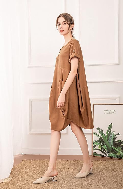 Minibee Women's Ruffle Oversize Casual Midi Dresses with Pockets Brown 2XL - Image 5