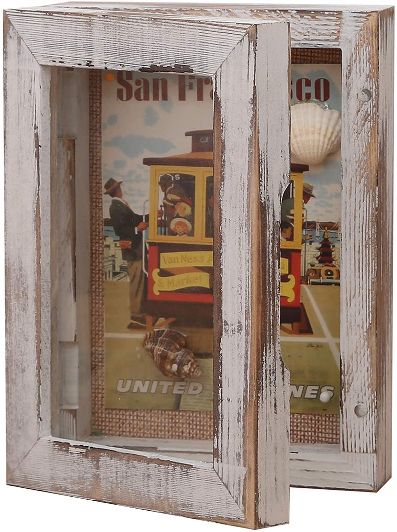 BECTSBEFF Bectsbeff 5x7 Rustic Wood Mini Memory Box with Glass Little Picture Frame Shadow Box with Hinge Rustic White 