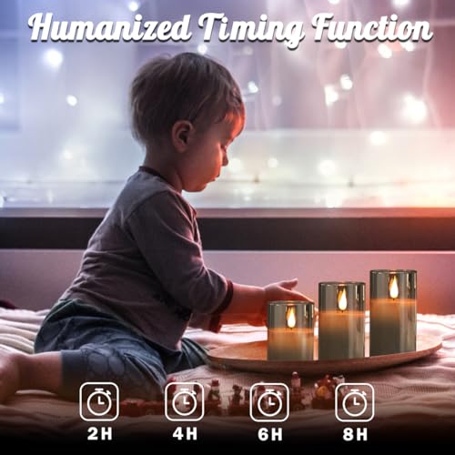 LEDHOLYT Rechargeable Flameless Candle, Flashing LED Pillar Real Wax Candle with Remote Control and Timer, Upgraded Teardrop Wick, Gray Electronic Candle, 1 Set of 3 - Image 3