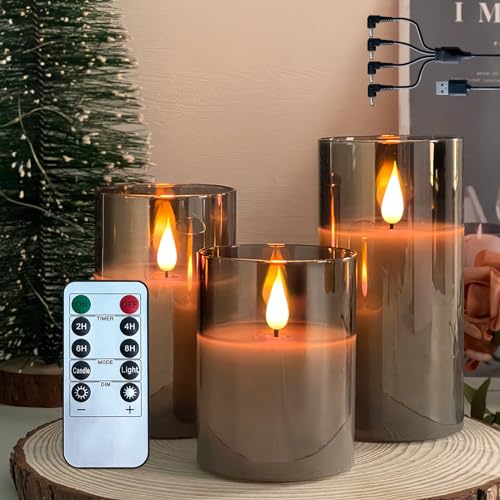 LEDHOLYT Rechargeable Flameless Candle, Flashing LED Pillar Real Wax Candle with Remote Control and Timer, Upgraded Teardrop Wick, Gray Electronic Candle, 1 Set of 3 - Image 1
