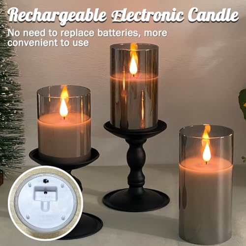 LEDHOLYT Rechargeable Flameless Candle, Flashing LED Pillar Real Wax Candle with Remote Control and Timer, Upgraded Teardrop Wick, Gray Electronic Candle, 1 Set of 3 - Image 4