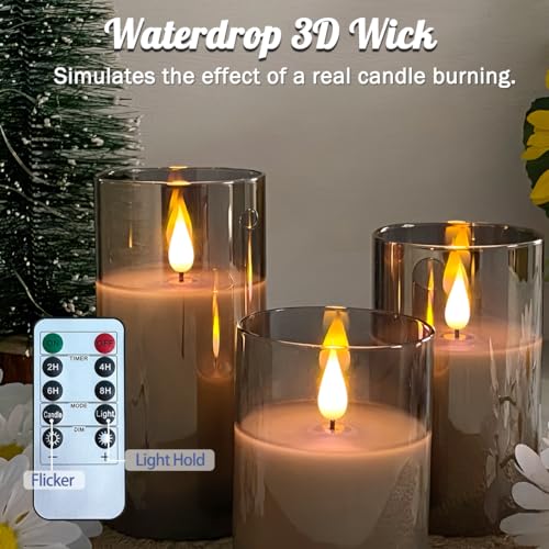 LEDHOLYT Rechargeable Flameless Candle, Flashing LED Pillar Real Wax Candle with Remote Control and Timer, Upgraded Teardrop Wick, Gray Electronic Candle, 1 Set of 3 - Image 5