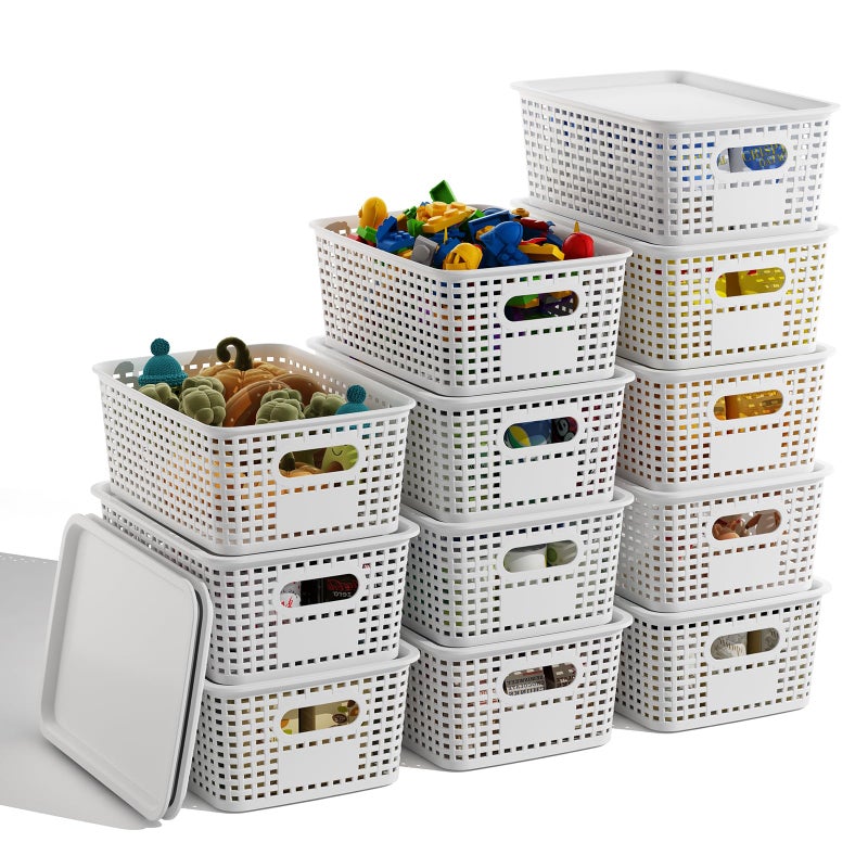 BOBIBOSS White Plastic Storage Baskets with Lids 12 Pack Stackable Storage Bins Containers for Shelves Organizing, Cute Decorative Storage Boxes for Classroom, Playroom, Closet, Pantry - Image 1