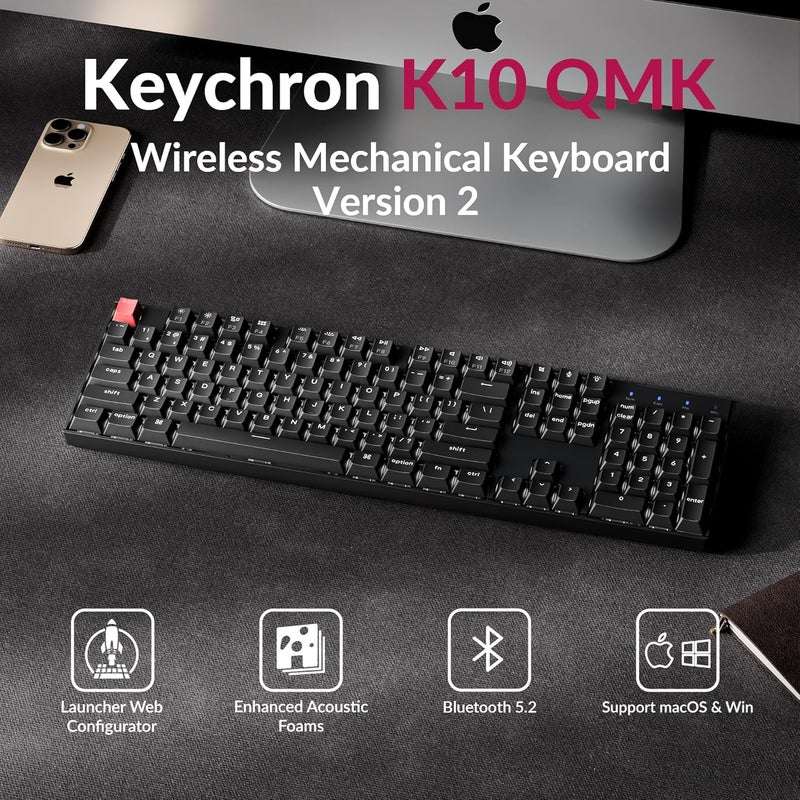 Keychron K10 Version 2 Full Size 104 Keys Bluetooth Wireless Mechanical Gaming Keyboard for Mac Windows Super Red Switch White LED Backlight/USB C Wired Computer Keyboard - Image 2