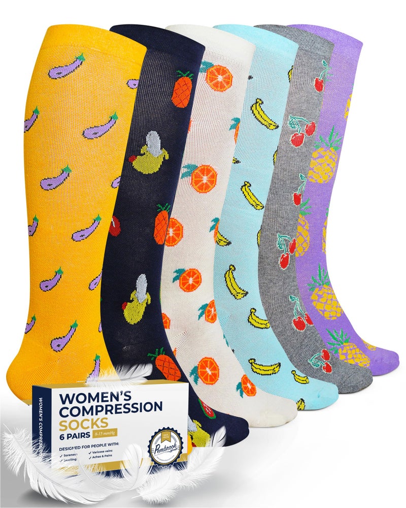 Pembrook Light Compression Socks for Women - 6 Pairs | 8-15 mmHg Cotton | Fruit Prints | Soft for Circulation and Soreness Support - Image 1